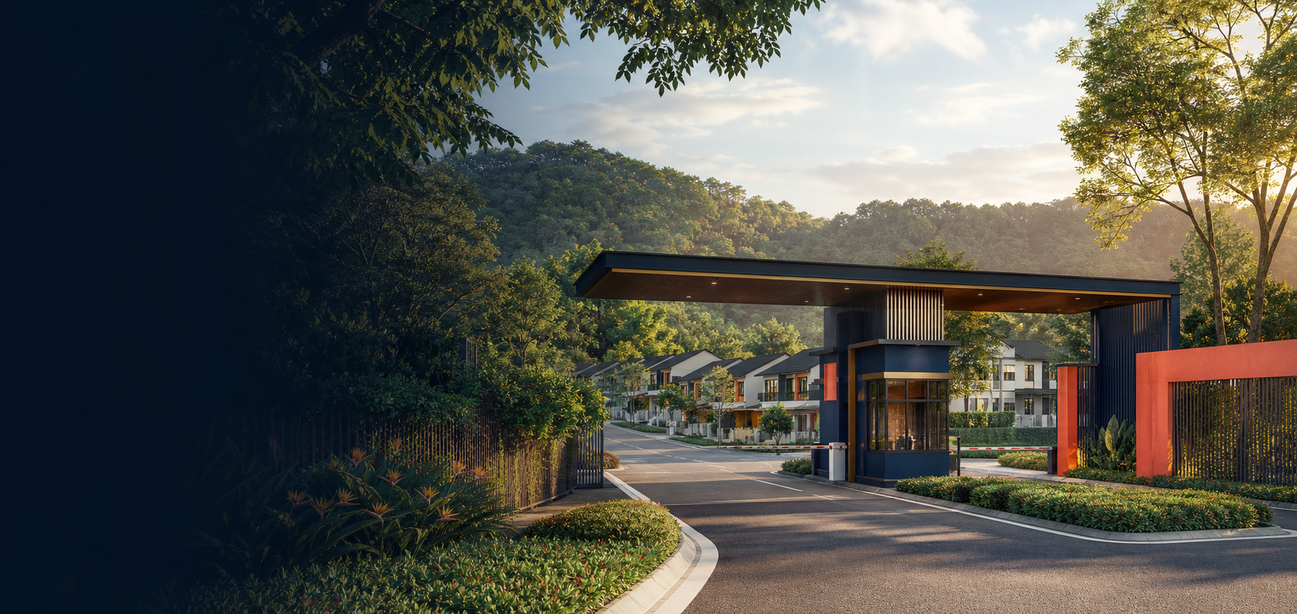 Dheely Residents gated community entrance with landscaped homes
